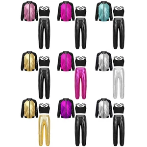 Kids Girls Set Jazz Outfits Sports Tracksuits Sequins Pants Metallic Vest Dance - Picture 1 of 103