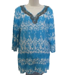 Blusa túnica grande adornada con aguamarina y blanco de Chico's - Imagen 1 de 8