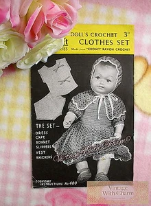 Vintage 1940s Crochet Pattern Baby Dolls 6 Piece Clothes Set, Dress, Cape etc. - Picture 1 of 1