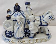 Vtg Victorian Horse Carriage Couple Driver Cobalt Blue White Porcelain Figurine