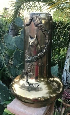 Antique Art Nouveau Large Urn Vase  Brass Raised Owls Design 20" - Image 1 of 4