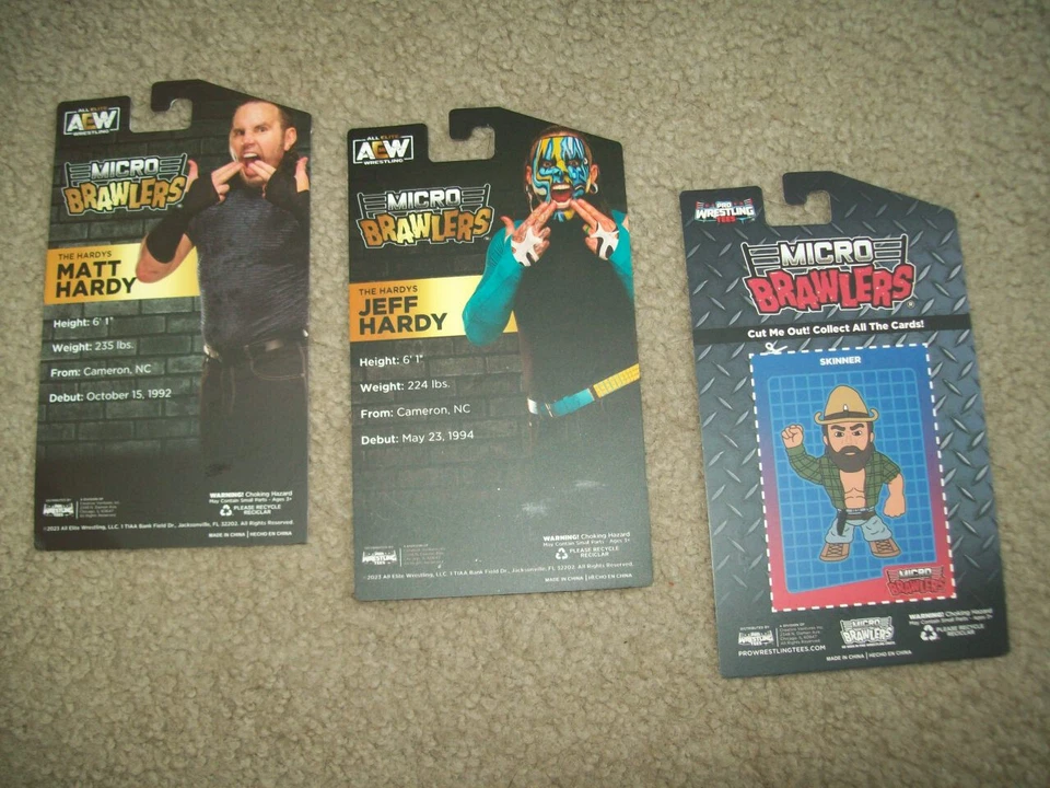 3 tarjetas de lucha libre profesional MICRO BRAWLERS HARDY BOYS Skinner WWE AEW WcW NXT AWA Foto 1 de 1