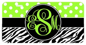 Personalized Monogrammed License Plate Auto Car Tag Polka Dot Zebra Lime - Picture 1 of 6
