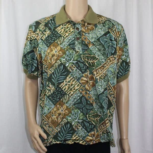 Camisa polo grande Aloha Hut Hawaii verde marrón diseño floral bolsillo izquierdo del pecho - Imagen 1 de 6