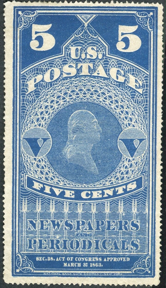 1875 USA G05 NEWS PAPERS AND PERIODICALS STAMPS WHASHINGTON FIVE CENT SCOTT# PR5 - Imagem 1 de 2