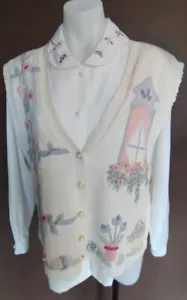 Cardigan maglione vintage Koret Med e blusa taglia 8 bianco ricamato floreale - Foto 1 di 6