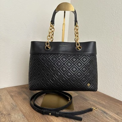 Bolso de Mano Tory Burch Fleming Cuero Acolchado Negro Oro Cadena Correa para el Hombro Foto 1 de 4