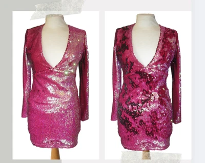 Новый Motel людей 2 путь Fuschia розовый черный блестками мини-платье размер XS 6-8 BNWT - Изображение 1 из 4