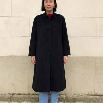 Vintage Orchidea Angora Wool Coat Womens 9 Medium Black Button Funnel Neck - Image 1 of 4