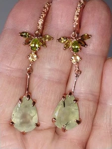 Prehnite, Peridot dangle Earrings, 925 Sterling rose Gold plate - Picture 1 of 4