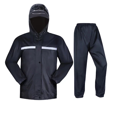 Mens Rain Suits Raincoat Jacket Pants Waterproof Safety Black Hooded US - Image 1 of 4
