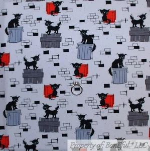 BonEful FABRIC Cotton Quilt White Black B&W Gray Cat Brick City Trash Kid SCRAP - Picture 1 of 12