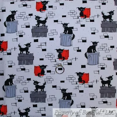 BonEful FABRIC Cotton Quilt White Black B&W Gray Cat Brick City Trash SALE SCRAP - Image 1 of 4