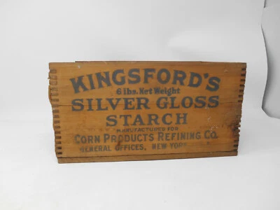 Vintage Wood Shipping Crate Dove Tail Corner Kingsford Silver Gloss Starch Corn  - Image 1 of 4