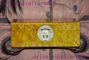 10"Old China Gold-rimmed nanmu Wood Carving Container Jewelry Makeup Box Case - Picture 1 of 12