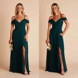 Birdy Grey Emerald Green Chiffon Spence Bridesmaid Dress w Slit + Pockets Sz XS - Picture 1 of 6