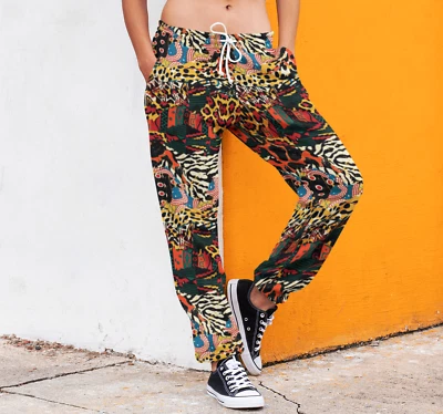 Misto Leopardo Ghepardo Zebra Serpente Animalier Pile Pantaloni Della Tuta da - Immagine 1 di 2