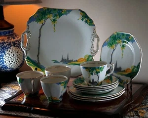 Thomas Hughes & Son, Longport, Green & Yellow Art Deco 1920' Tea Set, 13 Pieces - Picture 1 of 12