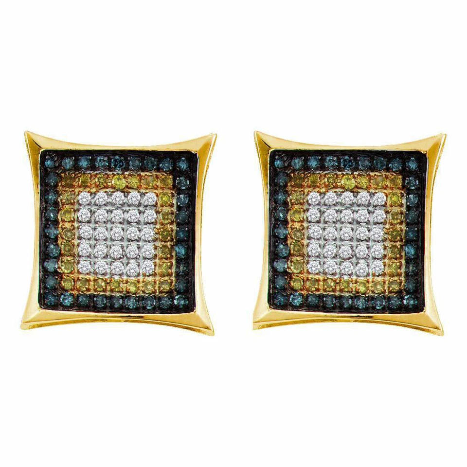 Pendientes cuadrados con racimo de diamantes tratados azules de oro amarillo de 10k para hombre Foto 1 de 1