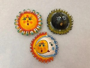 Set of (3) - Coconut Shell Wall Hangings Carving Paintings - Sun and Moon - 6 in - Picture 1 of 5