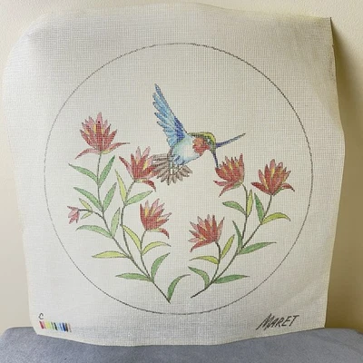 Hummingbird on Flower 12" Round Handpainted 12 Mesh Needlepoint Canvas Maret - Image 1 of 4