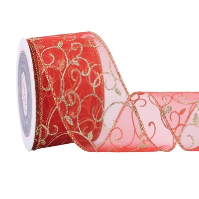 Cinta de organza con cable brillo remolino dorado rojo 2,5 pulgadas x 10 yardas transparente Foto 1 de 4