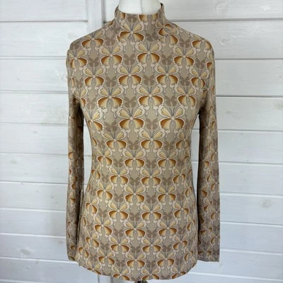 & OTHER STORIES Top Womens Medium Beige High Neck Butterflies Fitted Stretch - Image 1 of 4