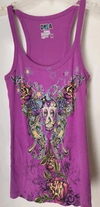 Damen M Racerback Tank T-Shirt Lila Totenkopf Blumen 100% BAUMWOLLE - Bild 1 von 3