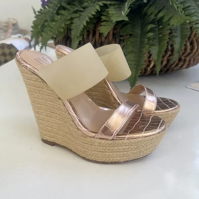 J LO ODETTE Espadrille 高楔形凉鞋 WMN 尺寸 7M 玫瑰金露趾懒人鞋 EC — 第 1/4 张图片