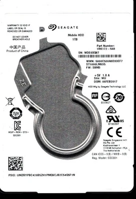 ST1000LM035 P/N: 1RK172-568 F/W: SBM3 S/N: WDE6 WU 1TB FEB 2017 CHINA SEAGATE - Image 1 of 2