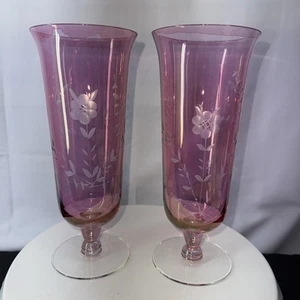 Vintage Pair (2) Cranberry Etched Floral Footed Hurricane Vase - 10" Tall - Picture 1 of 5