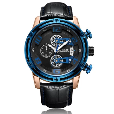 MEGIR Men's Watches Quartz Movement Blue Alloy Case Leather Band 2078 - Image 1 of 4