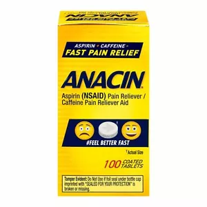 Anacin Aspirin 400mg Caffeine 32mg Pain Reliever & Aid Fast Relief 100ct 12 Pack - Picture 1 of 3