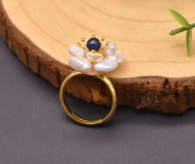 D17 Anello Fiore Di Perle Acqua Dolce E Lapislazzuli 925 Sterling Placcato Oro - Immagine 1 di 3