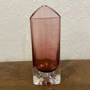 Jarrón de cristal de plomo rosa hecho a mano Sarner vintage con marca y pegatina 10” MCM - Imagen 1 de 8