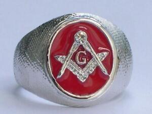 Masonic Mason Red Enamel Compasses Clear Austrian Crystal Men Ring Size 7-15