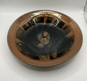 Signierte Keramikschale braun und schwarz abstraktes Blumendesign 9,75 Zoll - Bild 1 von 13