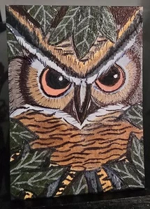 Aceo Original Painting A Owl Portrait - Picture 1 of 2