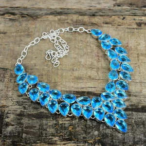 Collana Regolabile In Argento Sterling 925 Con Gemma Di Topazio Blu Fatta A Mano - Foto 1 di 4