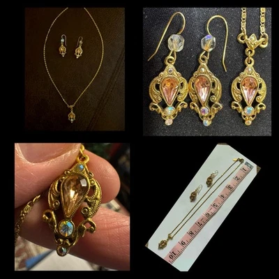 Vintage 1928 Pendant Necklace Earrings Set Gold Tone Rhinestones Edwardian Style - Image 1 of 4