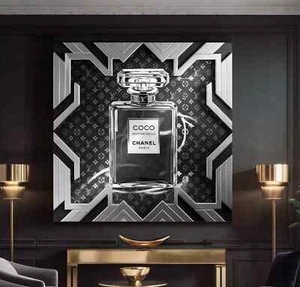 LEINWAND BILD 110x110x5cm COCO CHANEL PARFUM LV ART-DECO WANDBILD SCHWARZ-WEIß - Bild 1 von 2