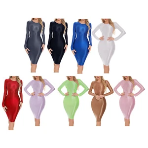 Women's Oil-shiny Bodycon Dress Round Neck Long Sleeve Hip Wrap Sleep Dress AU - Picture 1 of 82