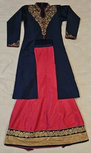 Girls Long Navy Blue Embroidered Kurti & Hot Pink Lehenga Skirt with Dupatta - Picture 1 of 4
