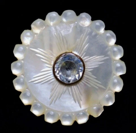 LARGE 18th C. Antique Carved Pearl Shell Button Star  w/a Clear Paste Jewel NICE Cover