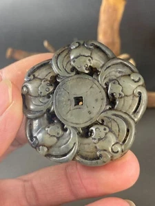 Zarter chinesischer natürlicher alter Jade handgeschnitzt * 5 Fledermäuse * Anhänger 福在眼前 N7 - Bild 1 von 5