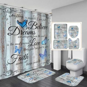 4 PCS Blue Butterfly Shower Curtain Set with Rugs and Accessories Non-Slip Ru... - Picture 1 of 7