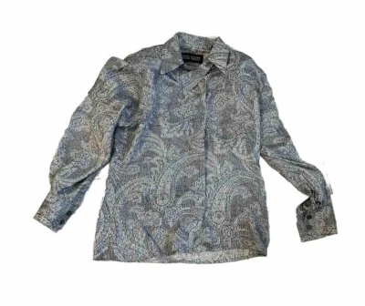 Vtg Linda Allard Ellen Tracy Padded Shoulder Paisley Silk Blouse Grey Black P0 - Image 1 of 4