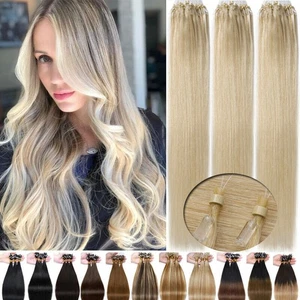 Micro Ring Loop Tip Remy Human Hair Extensions Micro Beads Link Hair Straight US - Picture 1 of 77
