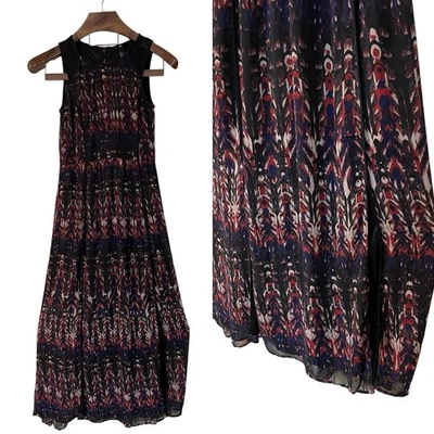Vestido maxi H & M vermelho azul preto renda Ikat sem mangas pregas fendas boho artístico 2 - Imagem 1 de 4