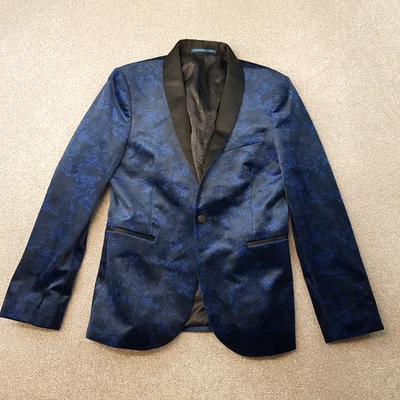 Next Mens Jacket 38S Blue Velvet Skinny Tuxedo Smoking Blazer Satin Lapel Floral - Image 1 of 4